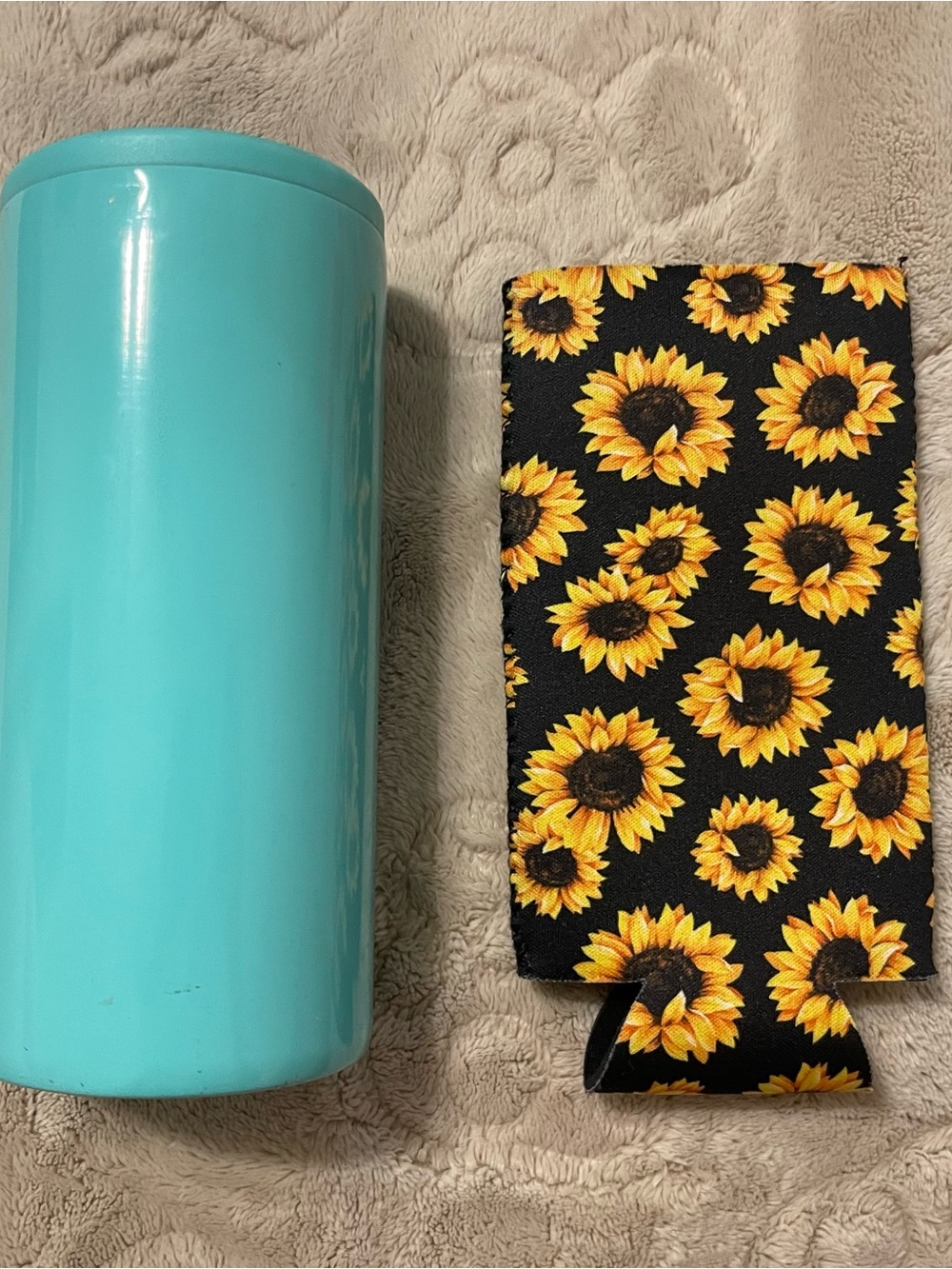 Skinny tan can cooler and Sunflower Print Can Cooler - Black/Yellow
